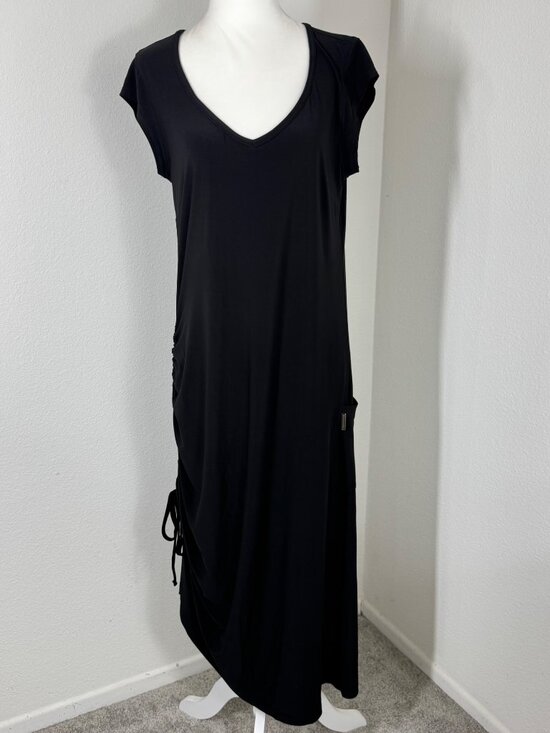 Joseph Ribkoff Dresses & Skirts - Joseph Ribkoff Dress Black Jersey Midi Side Ruching V Neck Sz 10 Short Sleeve